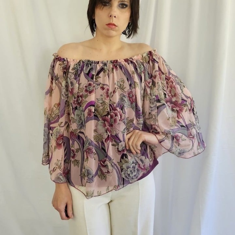 Y2K Purple Floral Off‎ the Shoulder Top